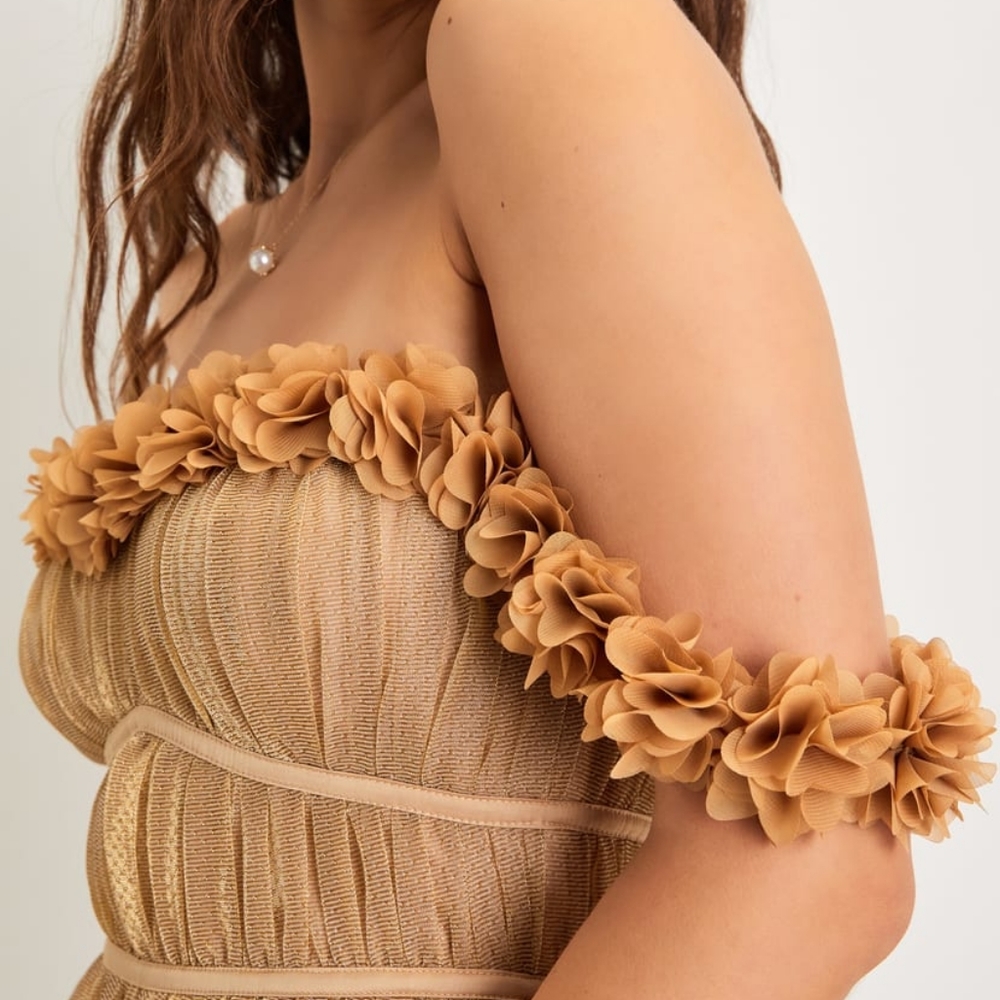 Amazing Essence Gold Metallic Floral Midi Dress